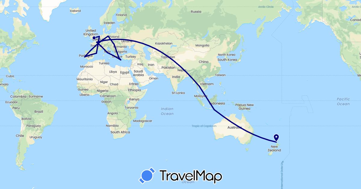 TravelMap itinerary: driving in Germany, Spain, France, United Kingdom, Greece, Hungary, Indonesia, Italy, Netherlands, New Zealand, Portugal, Thailand (Asia, Europe, Oceania)